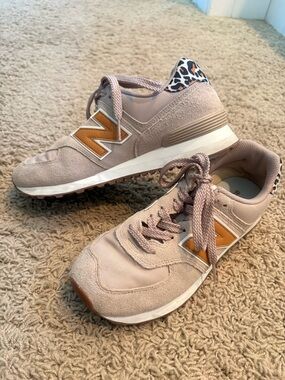 New Balance Women's Beige Sneakers with Tan N Logo and Leopard Heel